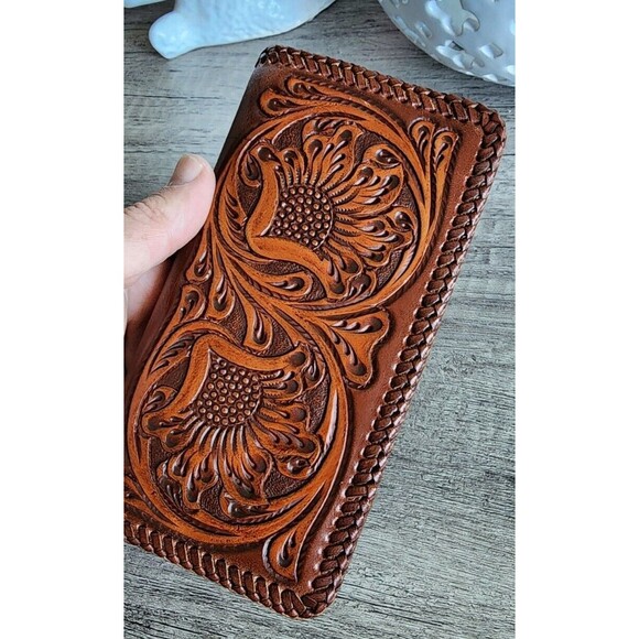 Western  Leather Bi-fold Rodeo Wallet Floral Tooled Ranger Cordovan Stitch Edge - Picture 7 of 9
